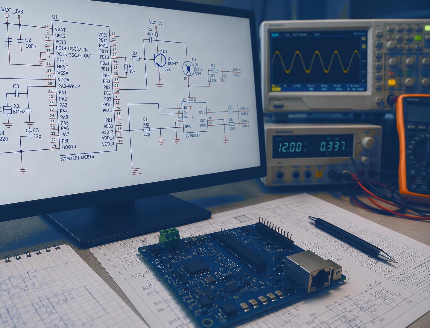 Schaltungsentwicklung mit Messtechnik und Leiterplatte im Entwicklungslabor von ILMOTRONICS Nürnberg